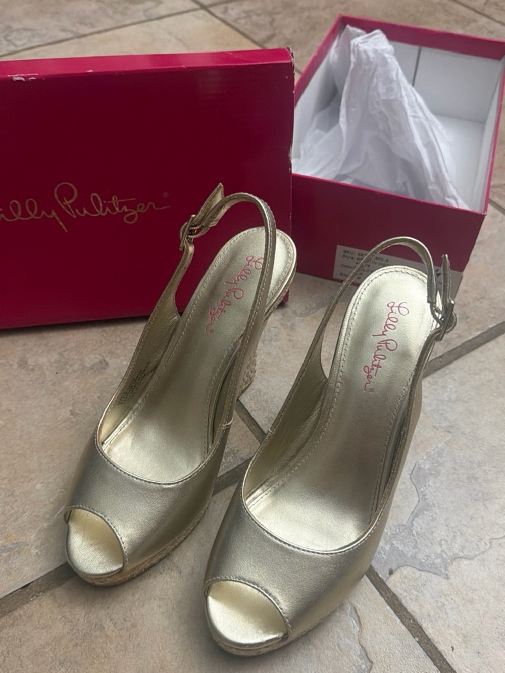 Lilly Pulitzer Metallic Gold Peep-Toe Slingback Wedges
